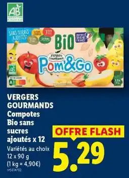 Lidl VERGERS GOURMANDS Compotes Bio sans sucres ajoutés x 12 offre