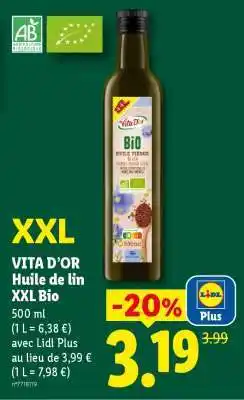 Lidl VITA D’OR Huile de lin XXL Bio offre