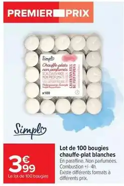 Carrefour Simply - lot de 100 bougies chauffe-plat blanches offre