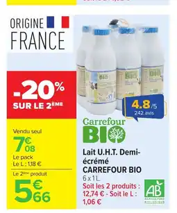 Carrefour CARREFOUR BIO Lait U.H.T. Demi- écrémé offre