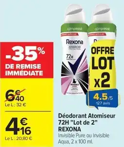 Carrefour Déodorant Atomiseur 72H Lot de 2 REXONA offre