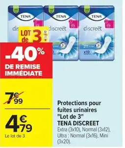 Carrefour Protections pour fuites urinaires Lot de 3 TENA DISCREET offre