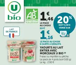 Super U YAOURTS AU LAIT ENTIER AVEC MORCEAUX U BIO offre