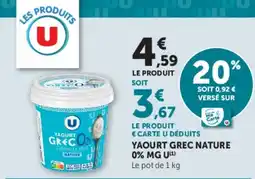 Super U YAOURT GREC NATURE 0% MG U offre