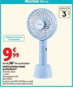 Auchan VENTILATEUR A MAIN Q.6746 BLEU offre