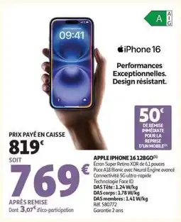 Auchan Apple iPhone 16 128Go offre