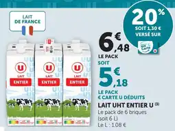 Super U U lait uht entier offre