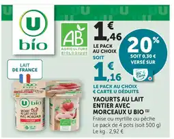 Super U U bio yaourts au lait entier avec morceaux offre
