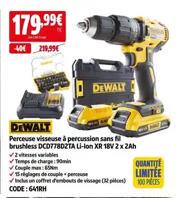 Screwfix Dewalt perceuse visseuse à percussion sans fil brushless dcd778d2ta li-ion xr 18v 2 x 2ah offre