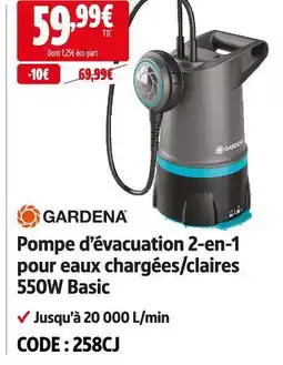 Screwfix Gardena pompe d’évacuation 2-en-1 pour eaux chargées/claires 550w basic offre