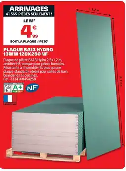 Brico Dépôt PLAQUE BA13 HYDRO 13MM 120X250 NF offre