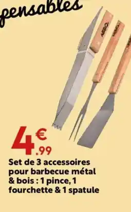 Maxi Bazar Set de 3 accessoires pour barbecue métal & bois : 1 pince, 1 fourchette & 1 spatule offre