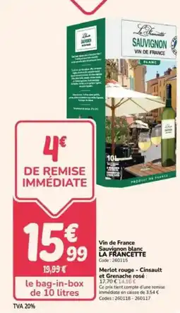 Promocash Vin de france sauvignon blanc la francette offre