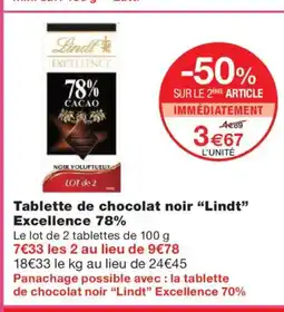 Monoprix LINDT Tablette de chocolat noir Excellence 78% offre