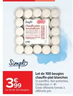 Carrefour Lot de 100 bougies chauffe-plat blanches offre