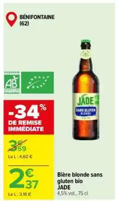 Carrefour Bière blonde sans gluten bio JADE offre