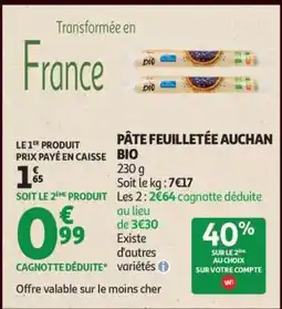 Auchan PÂTE FEUILLETÉE AUCHAN BIO offre