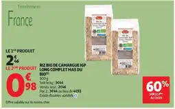 Auchan RIZ BIO DE CAMARGUE IGP LONG COMPLET MAS DU BIO offre