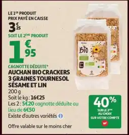 Auchan AUCHAN BIO CRACKERS 3 GRAINES TOURNESOL SÉSAME ET LIN offre
