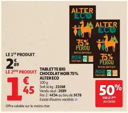 Auchan TABLETTE BIO CHOCOLAT NOIR 75% ALTER ECO offre