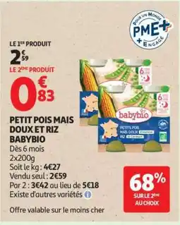 Auchan PETIT POIS MAIS DOUX ET RIZ BABYBIO offre