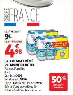 Auchan Lait Demi-Écrémé Vitamine D Lactel offre