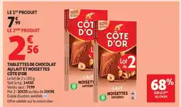 Auchan TABLETTES DE CHOCOLAT AU LAIT ET NOISETTES CÔTE D'OR offre