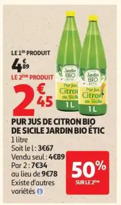 Auchan PUR JUS DE CITRON BIO DE SICILE JARDIN BIO ÉTIC offre