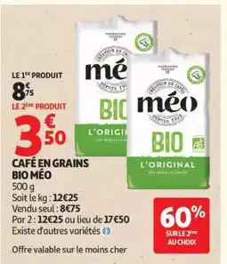 Auchan CAFÉ EN GRAINS BIO MÉO offre