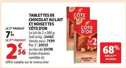 Auchan TABLETTES DE CHOCOLAT AU LAIT ET NOISETTES CÔTE D'OR offre