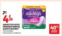 Auchan SERVIETTES FUITE URINAIRES NORMAL ALWAYS DISCREET offre