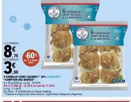 E.Leclerc COMPTOIR DES MARÉES 6 coquilles saint-jacques 20% surgelées offre