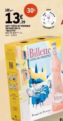 E.Leclerc AOC CÔTES DE PROVENCE VIN ROSÉ BIB 3L 'BILLETTE' offre