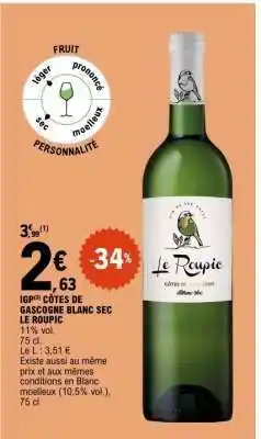 E.Leclerc Le Roupic Côtes de Gascogne Blanc Sec offre