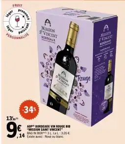 E.Leclerc AOP BORDEAUX VIN ROUGE BIB 'MISSION SAINT VINCENT' offre