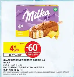 Intermarché GLACE BÂTONNET BUTTER COOKIE X4 MILKA offre
