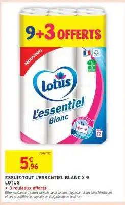 Intermarché ESSUIE-TOUT L'ESSENTIEL BLANC X 9 LOTUS offre