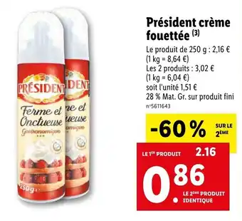 Lidl Président crème fouettée offre