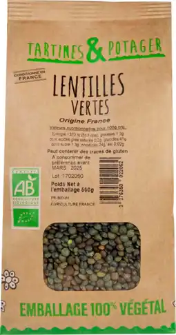 Auchan Tartines et potager lentilles vertes bio tartines & potager offre