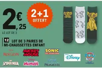 E.Leclerc Lot de 3 Paires de Mi-Chaussettes Enfant offre
