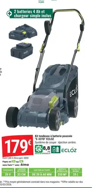 ECLOZ Kit tondeuse à batterie poussée E-33TD