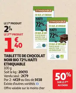 Auchan Supermarché Tablette de chocolat noir bio 72% haïti ethiquable offre