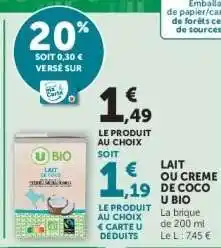 Super U Lait ou Crème de Coco U Bio offre