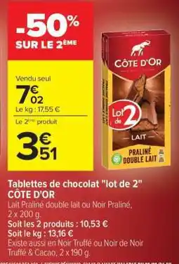 Carrefour Market Tablettes de chocolat Lot de 2 CÔTE D'OR offre