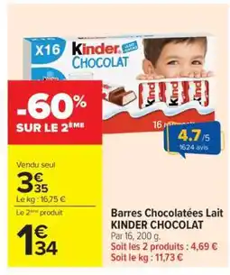 Carrefour Barres Chocolatées Lait KINDER CHOCOLAT offre