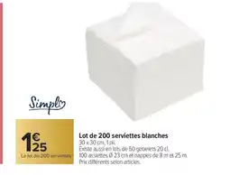 Carrefour SIMPL Lot de 200 serviettes blanches offre