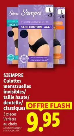 Lidl Siempre culottes menstruelles invisibles/ taille haute/ dentelle/ classiques offre