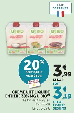 Bi1 Creme uht liquide entiere 30% mg u bio offre