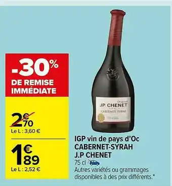 Carrefour Market Igp Vin De Pays D'oc Cabernet-syrah J.p. Chenet offre