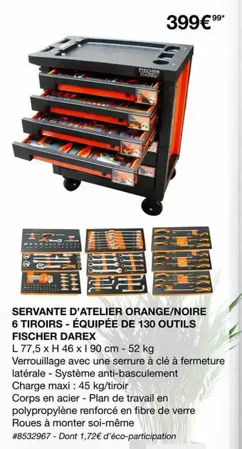 Costco Servante D'atelier Orange - Noire 6 Tiroirs - équipée De 130 Outils Fisher Darex offre